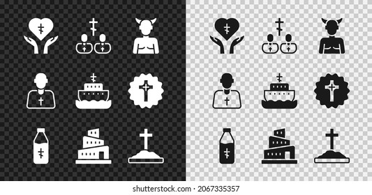 Set Religious cross in heart, Priest, Krampus, heck, Holy water bottle, Babel tower bible story, Grave with,  and Ark of noah icon. Vector