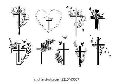 Conjunto de cruces religiosas con ramas. Ilustración vectorial. Símbolo religioso de Pascua.