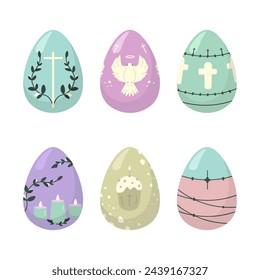 Un juego de huevos religiosos para el Día de Pascua. Huevos de Pascua con colores pastel. Seis huevos de colores para la decoración. Ilustración vectorial plana. 