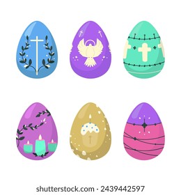 A set of religious eggs for Easter Day. Easter eggs with contrasting bright colors. Six colorful eggs for decoration. Flat vector illustration.