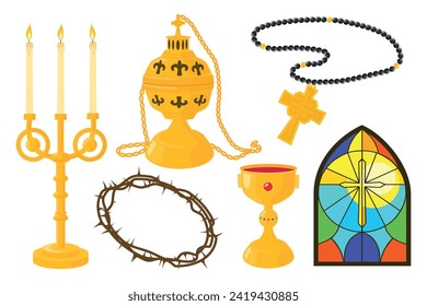 Set of religious elements in cartoon style. Vector illustration of Christian elements: candlestick, crown of thorns, incense, rosary, cup of wine, stained glass window isolated on white background.