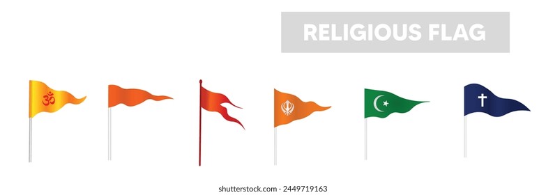 Conjunto de banderas religiosas sanatan cristiano islámico en Ilustración vectorial blanca aislada