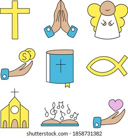 Set of religious icons in blue, yellow and white