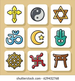 Set of religious icons. Vector Isolated flat colorful illustration.