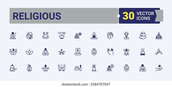 Set of Religious line icons. Featuring relaxation, relax, ayurveda, wellness, magic, lotus, woman and more. Minimal linear icons. Vector line and solid icons.