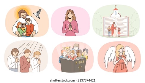 Set of religious people and Jesus Christ. Concept of faith and religion. Collection of children and adults praying to lord, believe in high powers. Superstition and belief. Vector illustration. 
