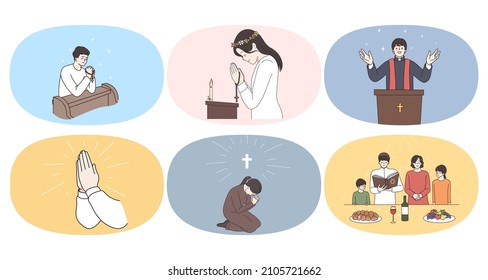Set of religious people pray to God feel superstitious believe in high powers. Collection of men and women prayers or believers show faith. Religion and superstition concept. Vector illustration. 