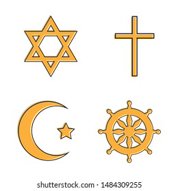 Set of religious signs: cross, crescent, wheel of Dharma, star of David. Vector illustration.