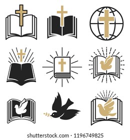 Conjunto de signos religiosos. Cruce con paloma, espíritu sagrado, biblia. Elementos de diseño para emblema, signo, placa. Ilustración del vector