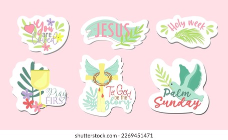 set of religious stickers.Christianity. Palm sunday.Christian stickers vector illustration.Palm branch. The entry of jesus into jerusalem. 