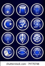 A set of Religious symbol web buttons. Silver isolated on blue. EPS10 vector format.