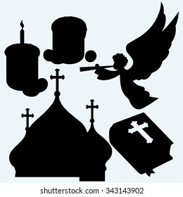 Set of religious symbols. angel with trumpet, bible, bulbous domes of orthodox cathedral temple, easter bread and eggs. Isolated on blue background. Vector silhouettes