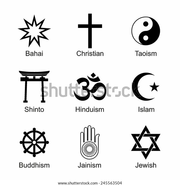 A set of Religious symbols. Black silhouettes isolated\
on white. 