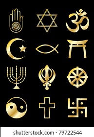 A set of Religious symbols. Gold isolated on black. EPS10 vector format.