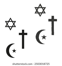 Set of religious symbols. Star of David, cross, crescent moon with star. Vector illustration.