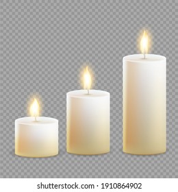 Set of relistic wax cylindic round shape candle different sizes isolated in transparent background. Vector candles collection set