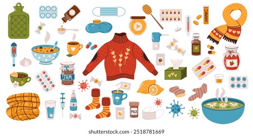 A set of remedies for the cold season, isolated on a white background. Flu and colds, treatment at home. Vector. Flat style