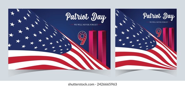 Set of Remembering September 9 11. Patriot Day. September 11. Never Forget USA 9 11. Twin Towers On American Flag. World Trade Center Nine Eleven. Vector Design Template in Red, White, And Blue Colour