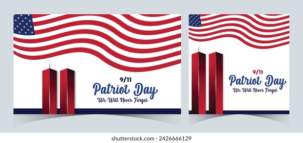 Set of Remembering September 9 11. Patriot Day. September 11. Never Forget USA 9 11. Twin Towers On American Flag. World Trade Center Nine Eleven. Vector Design Template in Red, White, And Blue Colour