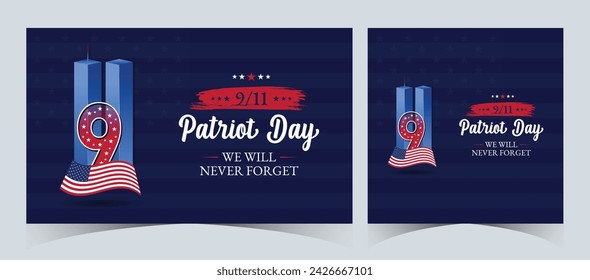 Set of Remembering September 9 11. Patriot Day. September 11. Never Forget USA 9 11. Twin Towers On American Flag. World Trade Center Nine Eleven. Vector Design Template in Red, White, And Blue Colour