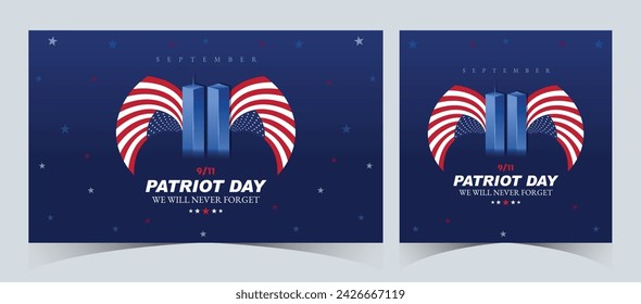 Set of Remembering September 9 11. Patriot Day. September 11. Never Forget USA 9 11. Twin Towers On American Flag. World Trade Center Nine Eleven. Vector Design Template in Red, White, And Blue Colour