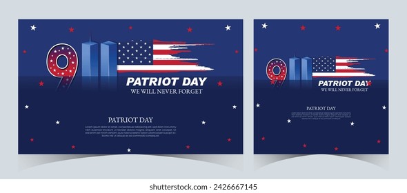 Set of Remembering September 9 11. Patriot Day. September 11. Never Forget USA 9 11. Twin Towers On American Flag. World Trade Center Nine Eleven. Vector Design Template in Red, White, And Blue Colour