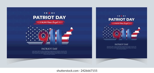 Set of Remembering September 9 11. Patriot Day. September 11. Never Forget USA 9 11. Twin Towers On American Flag. World Trade Center Nine Eleven. Vector Design Template in Red, White, And Blue Colour