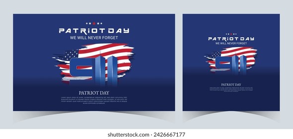 Set of Remembering September 9 11. Patriot Day. September 11. Never Forget USA 9 11. Twin Towers On American Flag. World Trade Center Nine Eleven. Vector Design Template in Red, White, And Blue Colour