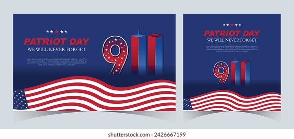 Set of Remembering September 9 11. Patriot Day. September 11. Never Forget USA 9 11. Twin Towers On American Flag. World Trade Center Nine Eleven. Vector Design Template in Red, White, And Blue Colour