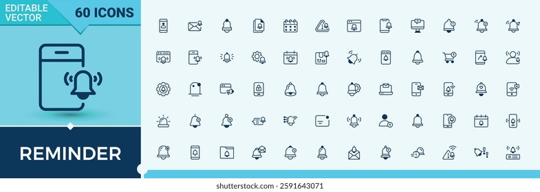 Set of Reminder line icons. Contains linear outline icons like information, calendar, signal, Notification, message, call and more. Simple icon designs. Minimalistic icons.