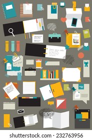 Set of reminders, paper stickers, work office tools, folders. Vector.