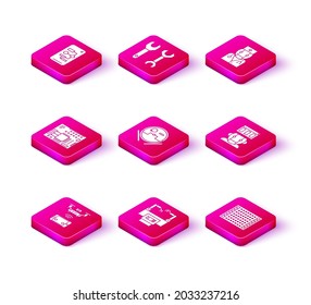Legen Sie Remote-Lufttrockner, Montagelinie, gedruckte Leiterkarte, Roboter-Staubsauger, Arzt und Spanner-Symbol. Vektorgrafik