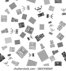 Set Remote aerial drone, Printed circuit board PCB, Robot doctor and 3D printer on seamless pattern. Vector