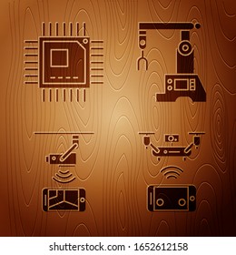 Set Remote aerial drone, Processor with microcircuits CPU, Wireless Controlling CCTV security camera and Assembly line on wooden background. Vector