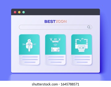 Set Remote aerial drone, Robot and Assembly line icon. Vector