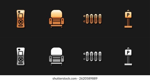 Set Remote control, Armchair, Heating radiator and Parking icon. Vector