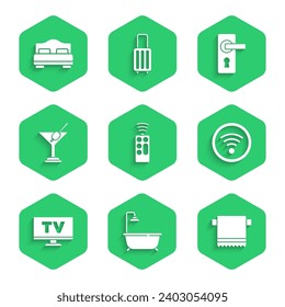 Set Remote control, Bathtub with shower, Towel hanger, Wi-Fi wireless, Smart Tv, Martini glass, Door handle and Hotel room bed icon. Vector