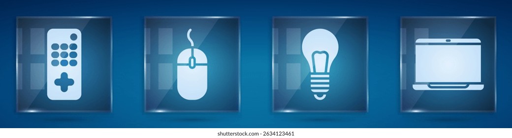 Set Remote control, Computer mouse, Light bulb with concept of idea and Laptop. Square glass panels. Vector