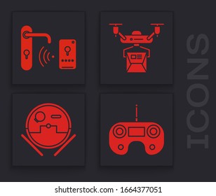 Set Remote control, Digital door lock with wireless technology for unlock, Drone delivery concept and Robot vacuum cleaner icon. Vector