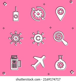 Establezca el control remoto, el engranaje y las flechas como flujo de trabajo, la ubicación con estrella, la administración de proyectos, la red de escritura de copias y el icono de dólar de cristal de aumento. Vector