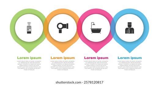 Set Remote control, Hair dryer, Bathtub with shower and Concierge. Business infographic template. Vector