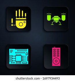 Set Remote control, Mechanical robot hand, Printed circuit board PCB and Drone flying with action camera. Black square button. Vector