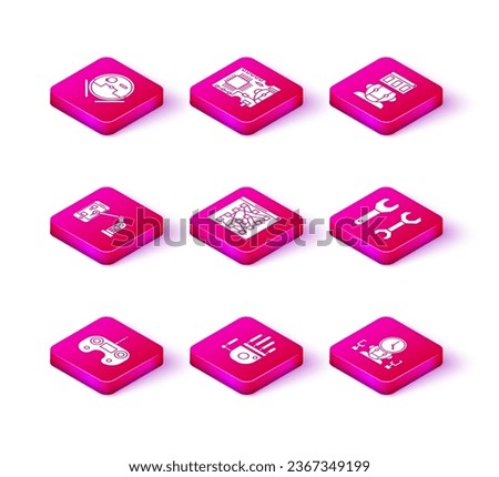 Set Remote control, Mechanical robot hand, Industrial machine robotic arm, Global technology or social network, Robot digital time manager, Spanner,  and Printed circuit board PCB icon. Vector