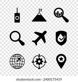 Set Remote control, Mountains and flag, Magnifying glass analysis, Globe with flying plane, Outsourcing concept and Location star icon. Vector