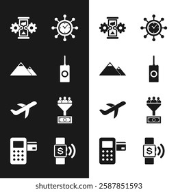 Set Remote control, Mountains, Hourglass and gear, Clock, Plane and Lead management icon. Vector