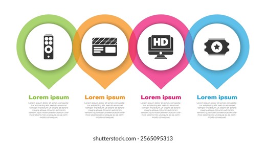 Set Remote control, Movie clapper, Monitor with HD video and Cinema ticket. Business infographic template. Vector