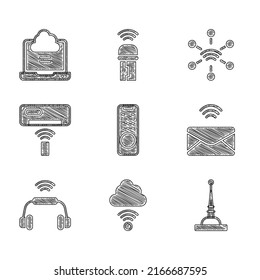 Set Remote control, Network cloud connection, Antenna, Mail and e-mail, Smart headphones system, Air conditioner,  and  icon. Vector
