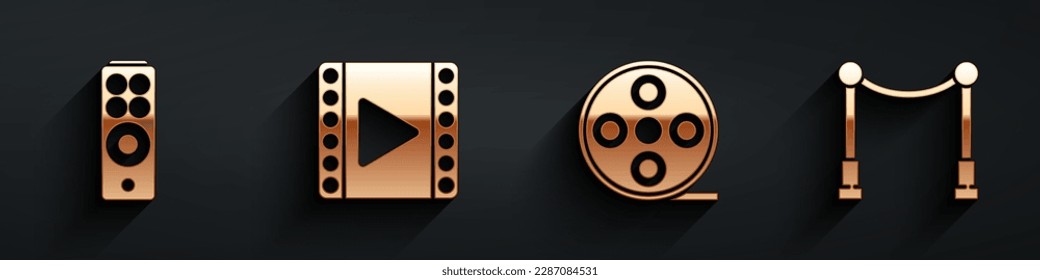 Set Remote control, Play Video, Film reel and Carpet with barriers icon with long shadow. Vector