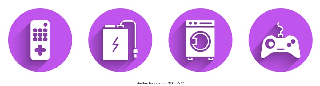 Stellen Sie Remote Control, Power Bank mit Ladekabel, Washer und Gamepad Symbol mit langer Schatten ein. Vektorgrafik