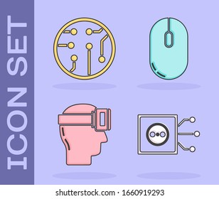 Set Remote control, Processor, Virtual reality glasses and Computer mouse icon. Vector